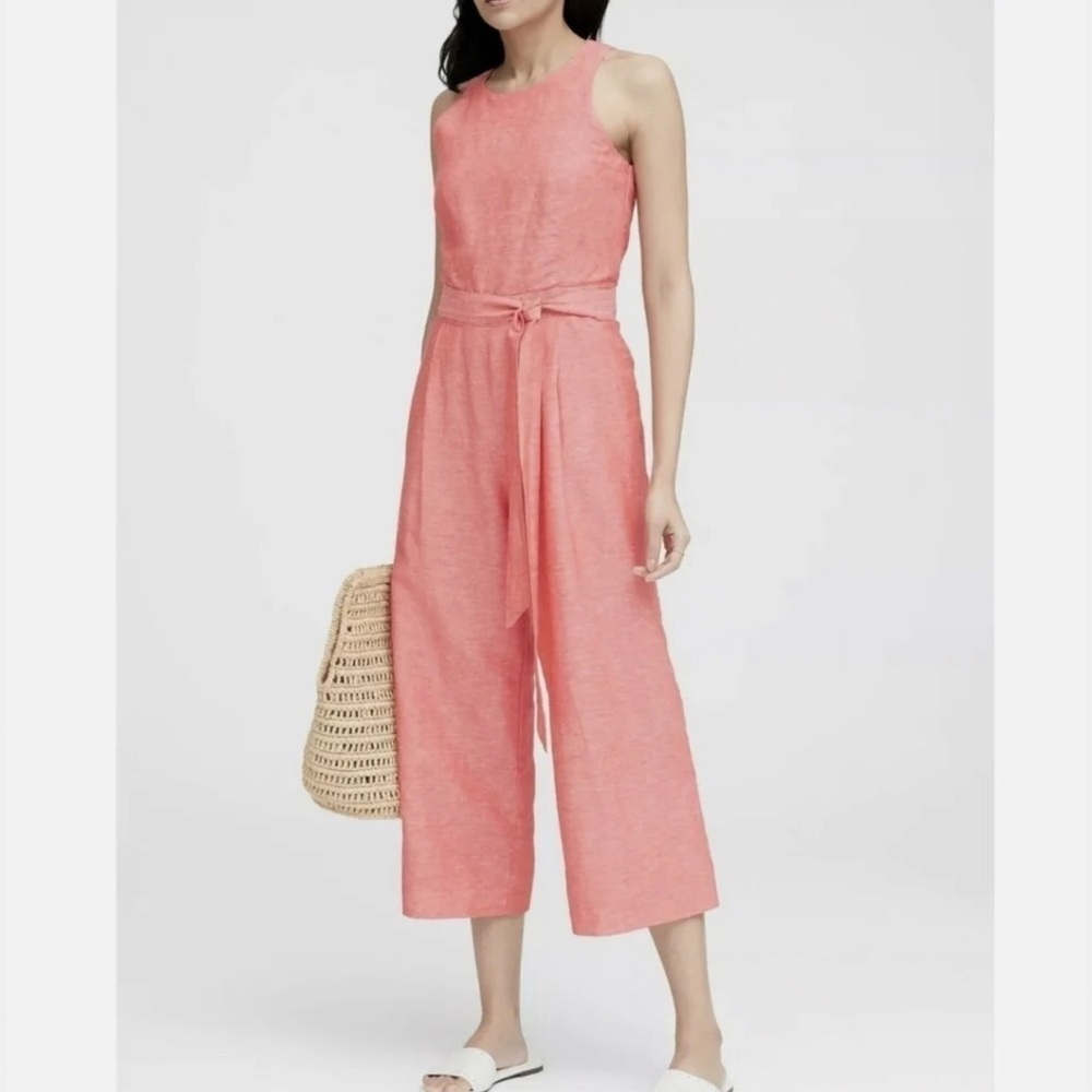 Banana Republic Jumpsuit Size 0 Coral Linen Blend Cropped Coastal Tropical Beach
